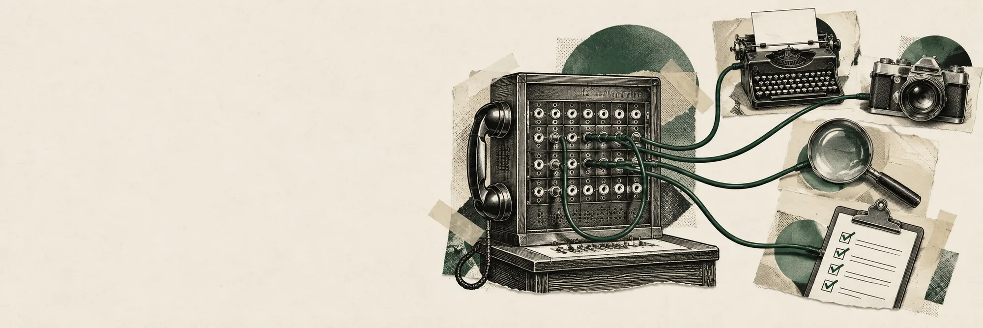 Engraved collage: an old telephone switchboard whose patch cables lead to a typewriter, a camera, a magnifying glass and a ticked checklist.
