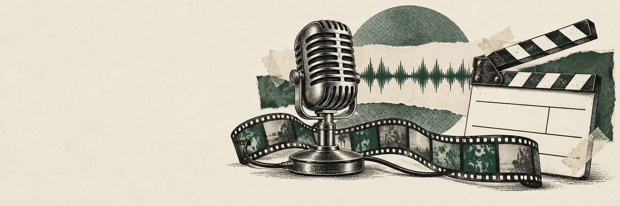 Engraved collage: a vintage ribbon microphone, a film strip, a clapperboard and a printed sound waveform.