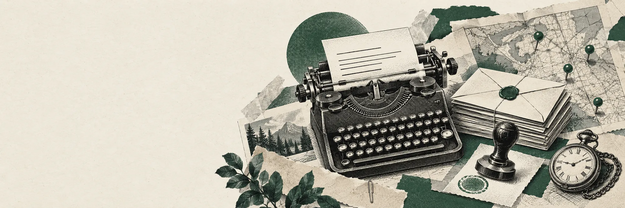 Engraved collage: a typewriter, a stack of sealed envelopes, a pinned map, a rubber stamp and a pocket watch.