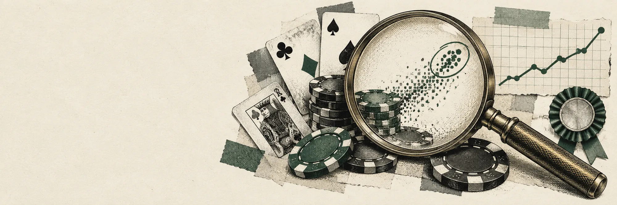 Engraved collage: playing cards and poker chips under a magnifying lens, dissolving into a scatter of data points, with a ribbon medal.
