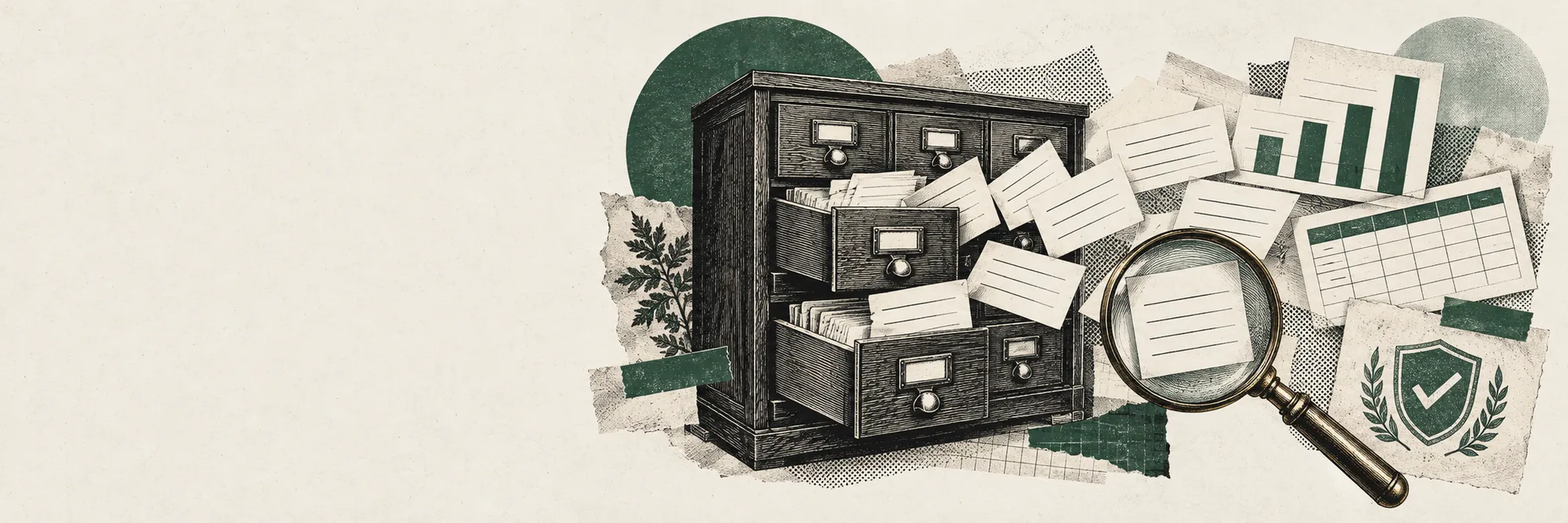 Engraved collage: a card-catalogue cabinet whose cards turn into charts, a magnifying glass and a checked shield.