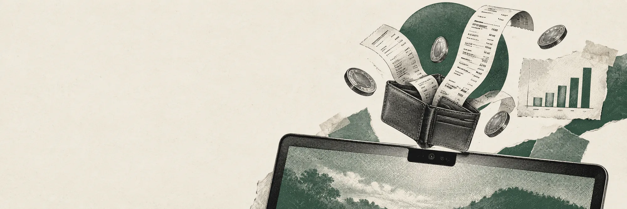 Engraved collage: a small wallet with receipts and coins rising out of a laptop's camera notch, beside a bar chart.