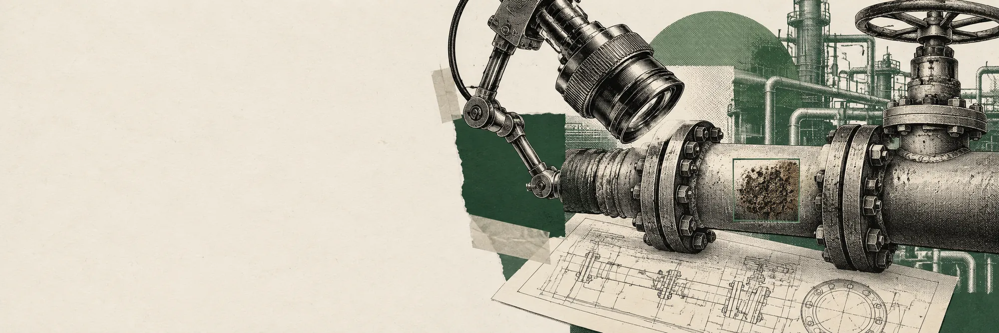 Engraved collage: an inspection camera on an arm examining a rusty pipe joint, over an engineering blueprint.