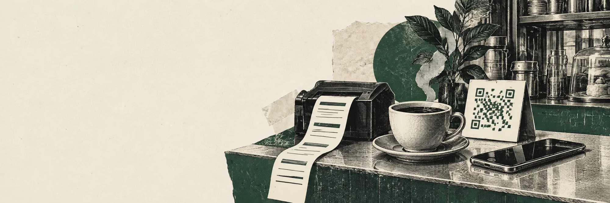 Engraved collage: a café counter with a QR table card, a receipt printer pushing out an order ticket, a coffee cup and a phone.